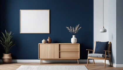 Picture-mockup-with-white-vertical-frame-on-dark-blue-wall--Stylish-dark-interior-with-decor-and-wooden-cupboard-and-blanket-picture--Poster-mockup--Minimalist-modern-interior-design--3D-illustration,