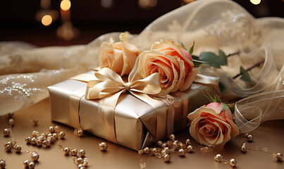 Fototapeta na wymiar Gift box with flowers on a blurred background.