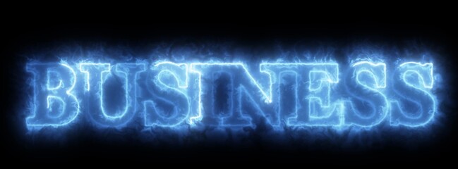 Neon blue sign spelling BUSINESS on a black background.