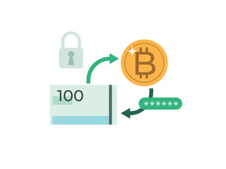 Money conversion security, Currency exchange vector. Bitcoin