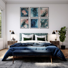 A comfortable bed with pillows and two bedside tables against a white wall with six poster frames. Interior design of a modern bedroom.