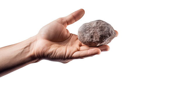 human hand holding and throwing a floating stone on a white background