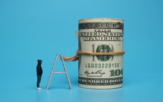 A picture of miniature men, ladder and roll of fake money on blue background.