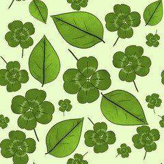 Seamless Pattern with Clovers and Green Leaves