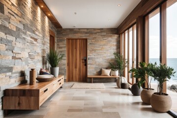 Interior home design of modern entrance hall with stone walls, wooden decorations and windows in a coastal house