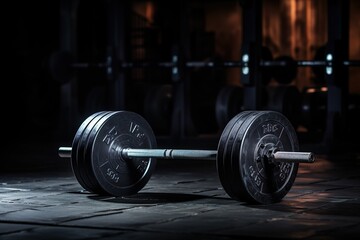 Naklejka premium Barbell on the floor in the gym. Horizontal banner for a gym, Gym Floor Barbell: Horizontal Banner for Fitness Center