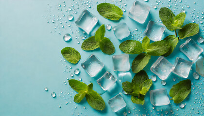 Top view of mint leaves and ice cubes with water drops on blue background with copy space