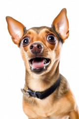 Fototapeta premium Funny surprised dog isolated on white background. Studio portrait of a dog with amazed face.