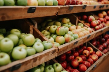 Apples on supermarket apple shelves display retail store organic local farmers food fruits healthy eating fresh supply shopping market tasty natural gmo genetically modified vegetarian juicy fruit