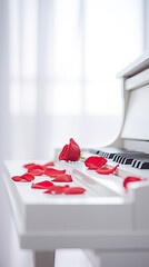 On the clean white piano keys there are small red rose petals flowers with a beautiful minimalist atmosphere created with Generative AI Technology