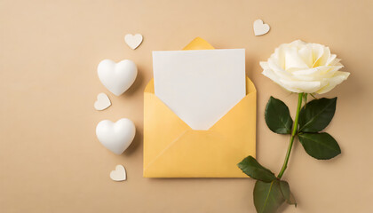 Top view of open yellow envelope with paper card, white hearts and white rose on beige background with copy space