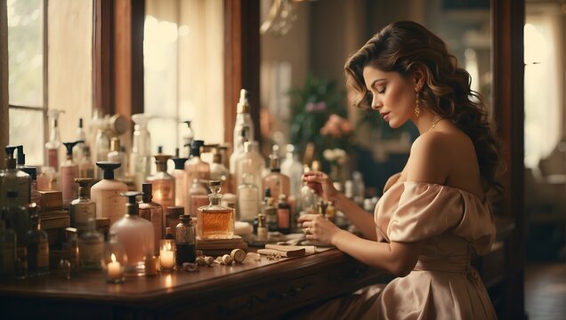 Step into a bygone era with this vintage-inspired image of a woman at her vanity, surrounded by bottles of perfume and indulging in a moment of self-care.