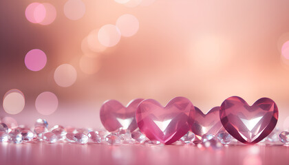 Valentine sweet hearts diamond on bokeh blurred pink background, template banner on holiday, wedding day with copy space for text	
