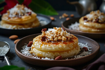 Malpua with nuts and coconut, served on ceramic plates, traditional dish for Holi festival - obrazy, fototapety, plakaty