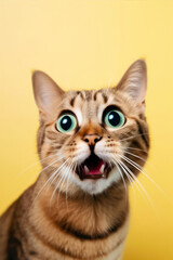 Fototapeta na wymiar Funny surprised cat isolated on bright background. Studio portrait of a cat with amazed face.