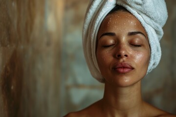 Woman enjoying a moment of peace in the hamam steam room, Towel on her head, eyes closed, Soft light that creates comfort and tranquility, Photorealism - obrazy, fototapety, plakaty