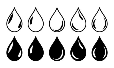 Drop symbol in black color with white shine. Oil, water, blood drop symbol icon set of five in black color with fill and outline. Water drop shape. Water, oil drops set isolated on white background.