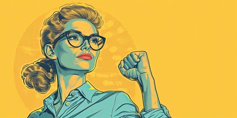 girl in a blue blouse and glasses in retro style with a feminist, hand clenched into a fist, banner, copy space - obrazy, fototapety, plakaty