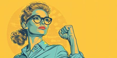 Foto op Canvas girl in a blue blouse and glasses in retro style with a feminist, hand clenched into a fist, banner, copy space © Dmitriy