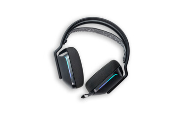 Wireless black headphones, isolated on white background.