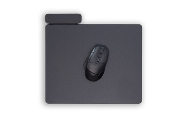 Black computer wireless mouse and mousemat, isolated on a white background.