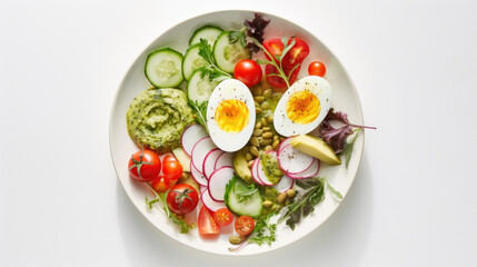 Top view of salad consisting of Arugula, Sunflower Seeds, Onions, Roasted Tomatoes, Boiled Eggs, Greek Yogurt, Herbs, Garlic, and Lemon on white background created with Generative AI Technology