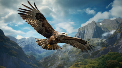 Obraz premium The wild eagle soared high and spread its wings among the high mountains