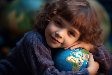 Fototapeta na wymiar Child embracing a globe, symbolizing peace and environmental care