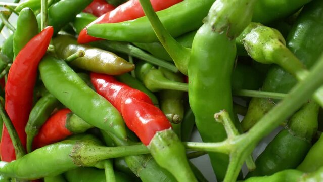 The fiery beauty of colorful chili peppers in this mesmerizing macro video. Their vibrant colors and intricate textures dance into focus. Fruit and vegetable concept. Food stock footage.
