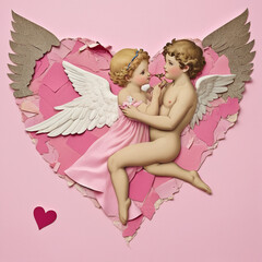 Valentine's day background with torn  paper collage with hearts,roses and cupid.