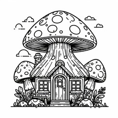 Mushroom House Coloring Page. Generative Ai
