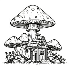 Mushroom House Coloring Page. Generative Ai