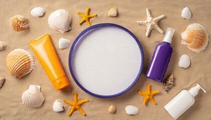 Top view of empty round frame with sunscreen sprays, tubes and bottles, shells and starfish on the sand background with copy space