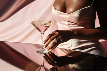Beautiful lady in a pink dress with a glass of martini