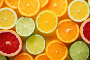 Fototapeta premium Mix of different whole and sliced fruits: orange, grapefruit, lemon, lime and other with leaves on green stone. Colorful citrus fruits, food background, top view.