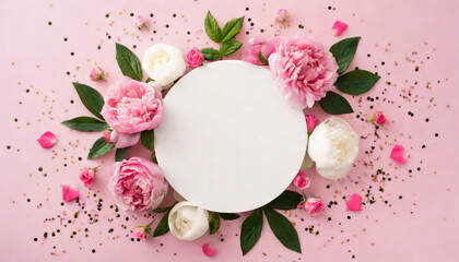Top view of white empty circle and spring flowers pink roses on pink background with copy space - obrazy, fototapety, plakaty