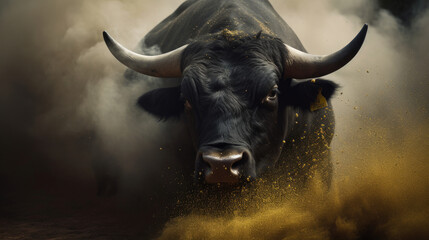 a huge black raging bull runs towards the audience and its steps circle the yellow sand of the ground created with Generative AI Technology