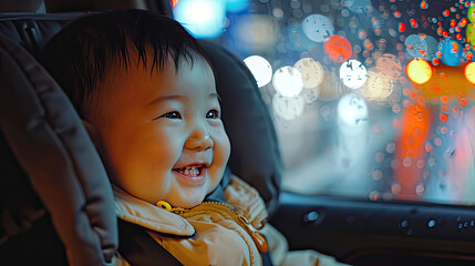 asian toddler is siting on carseat in the car at night   - obrazy, fototapety, plakaty
