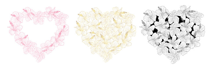 Hibiscus flower hearts wreath set. Can be used for wedding invitations, greeting cards, scrapbook, print, gift wrap. Hand drawn line art golden foil and silhouette vector illustration