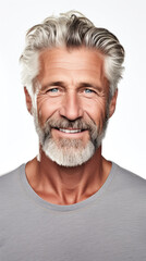 Fototapeta premium Portrait Handsome old mature man smiling with clean teeth, fresh hair, neat beard and strong jaw isolated on white background