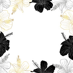 Hibiscus gold foil flower square banner. Can be used for wedding invitations, greeting cards, scrapbook, print, gift wrap, manufacturing Hand drawn line art vector background