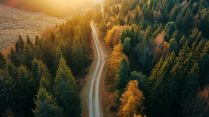  秋の夕暮れの森の中の山道の空撮GenerativeAI