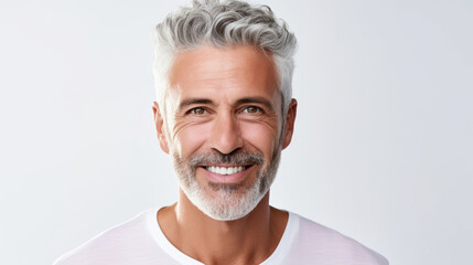 Portrait Handsome old mature man smiling with clean teeth, fresh hair, neat beard and strong jaw isolated on white background  created with Generative AI Technology