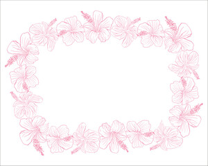 Hibiscus line art pink flower banner. Can be used for wedding invitations, greeting cards, scrapbook, print, gift wrap, manufacturing Hand drawn line art vector background
