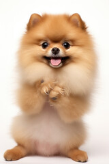Obraz premium Cute brown Pomeranian dog sitting and raising its paws on a white background