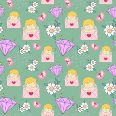 Retro happy cupid Valentines day. Comic happy heart character doodle cute kid in trendy seamless pattern