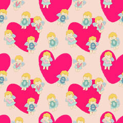 Retro happy cupid Valentines day. Comic happy heart character doodle cute kid in trendy seamless pattern