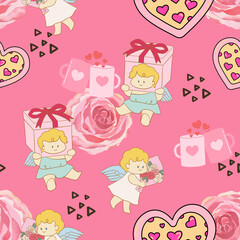 Retro happy cupid Valentines day. Comic happy heart character doodle cute kid in trendy seamless pattern