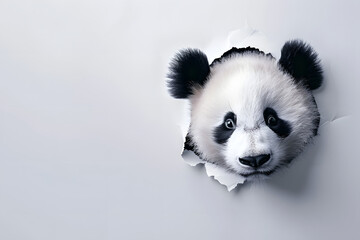 Playful Panda Peeking Through Ripped White Paper