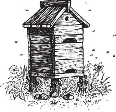 Bee hive, drawing. A collection of farm products..